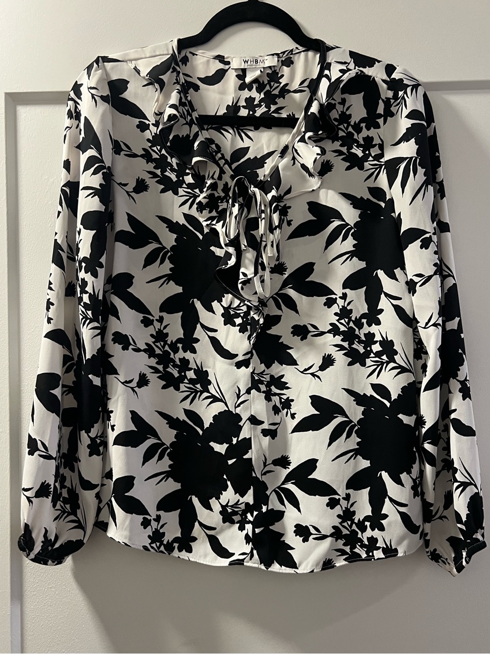 White House Black Market Black and White Floral Tie-Neck Blouse